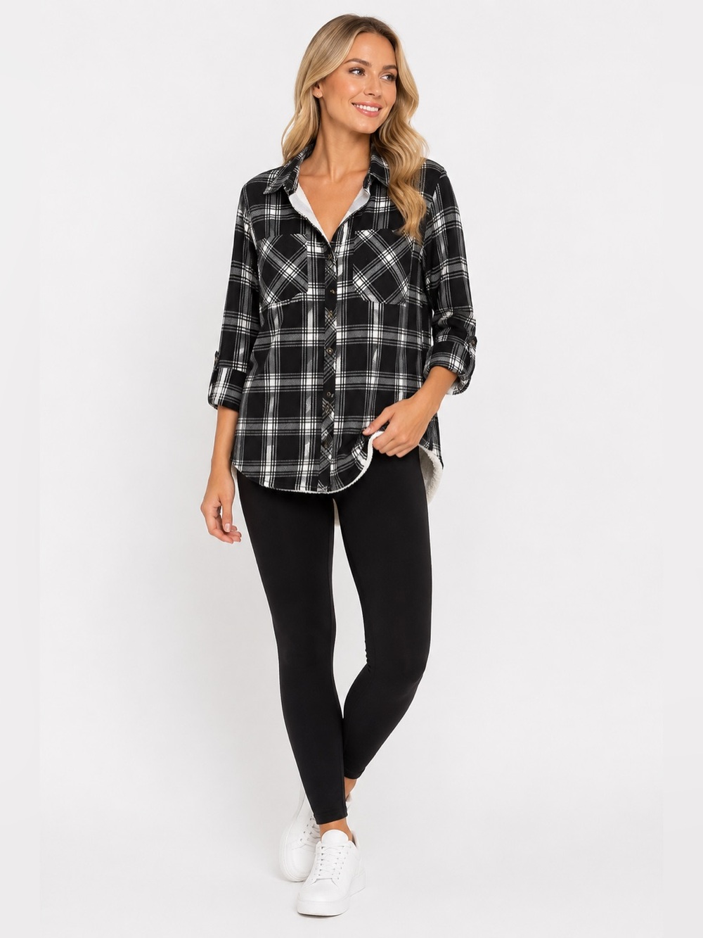 LOVE POTION Plaid Teddy-Lined Button Front Jacket in  Black & White